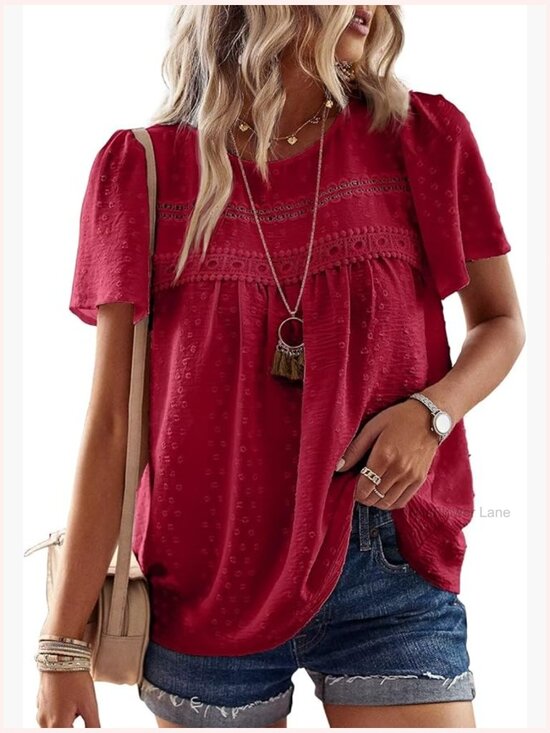 Tops - Women's Crewneck Short Sleeve Blouse Flowy Lace Hem Boho Tunic Top
